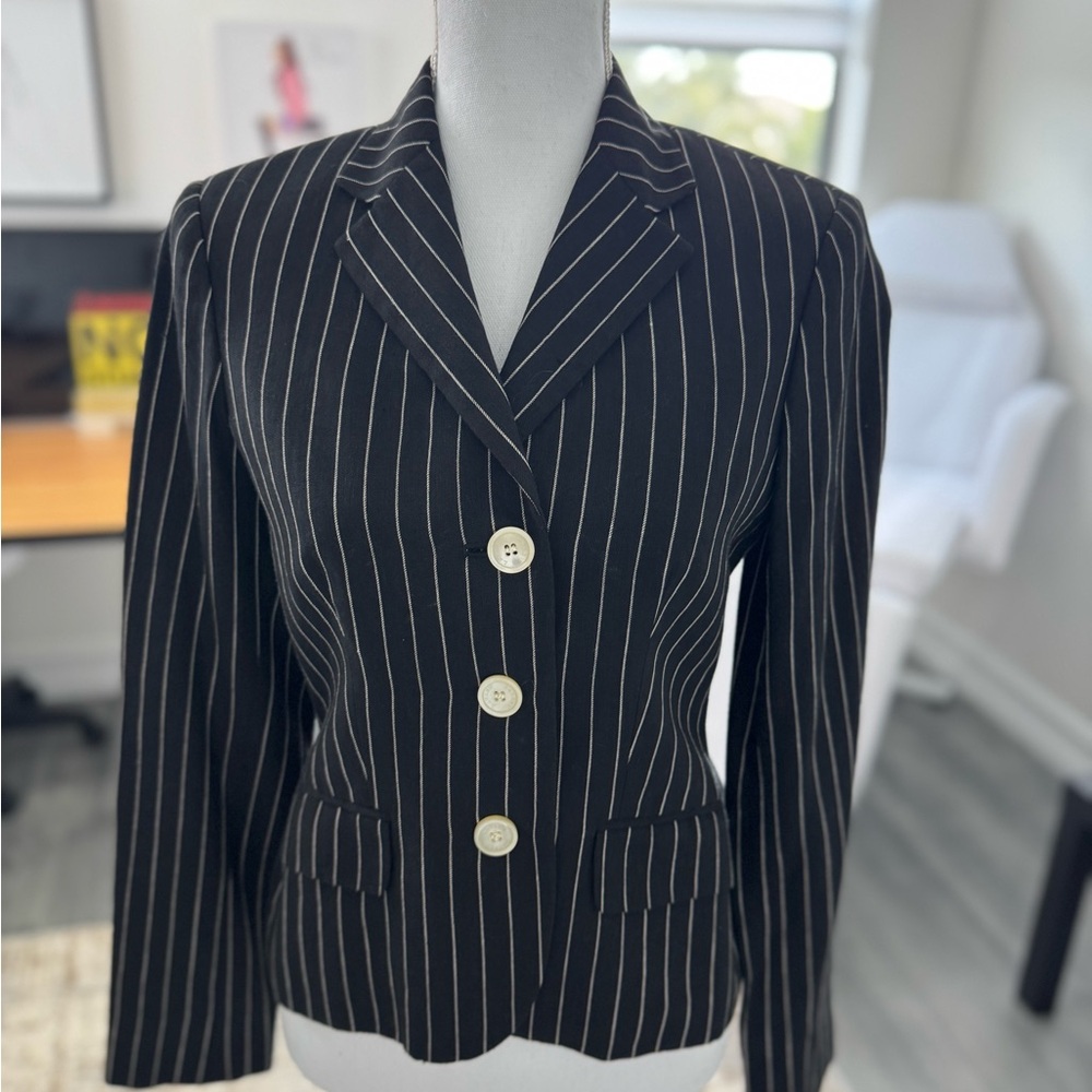 Lauren Ralph Lauren Wool Blazer Black Pinstripe 4 Button Lined Ventless Women 8